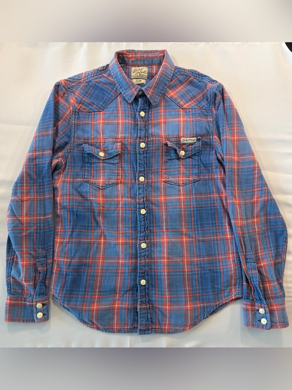 Lucky Brand Men’s Small Blue Red Plaid Western Shirt 100% Cotton